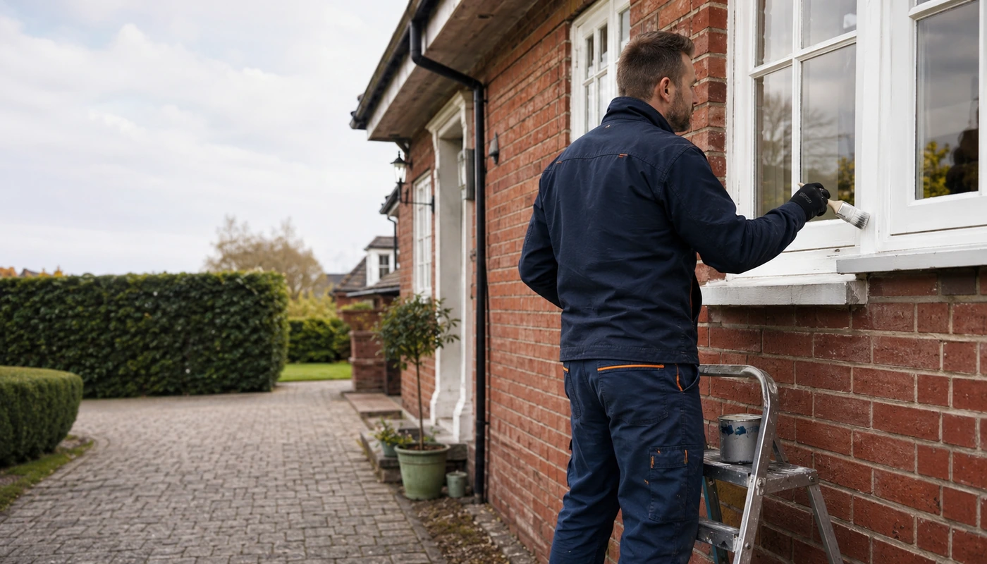 Professional carrying out exterior maintenance on a UK home
