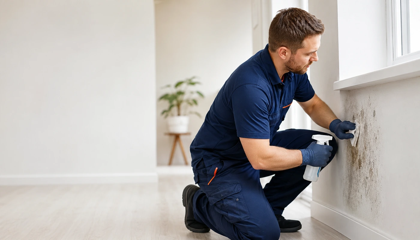 Professional treating mould damage on an interior wall
