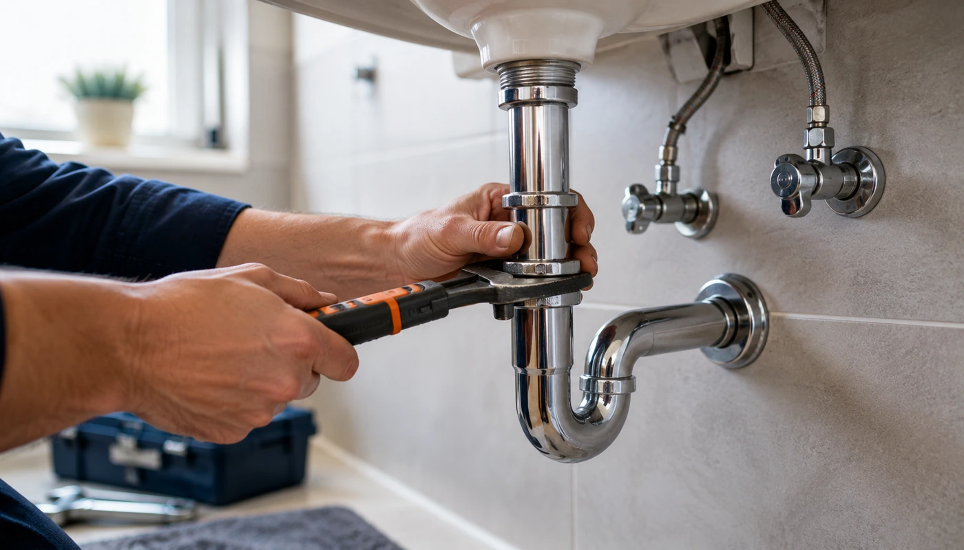 Minor plumbing repair under a bathroom basin